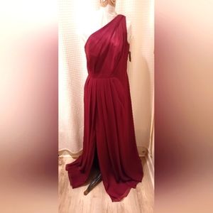 David's Bridal wine colored long chiffon one shoulder bridesmaid dress